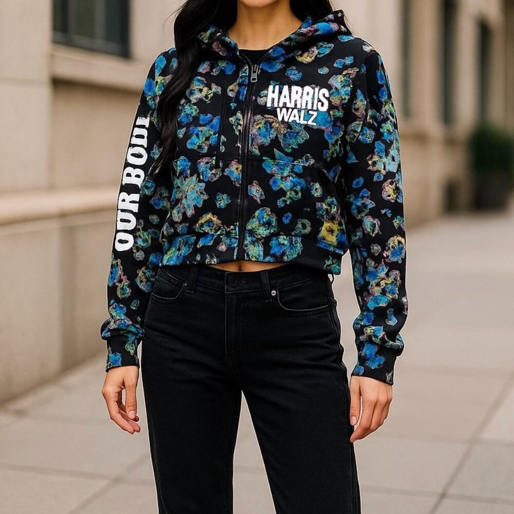 Ulla Johnson Harris Walz "Our Bodies Our Vote" Crop Floral Hoodie Size M
